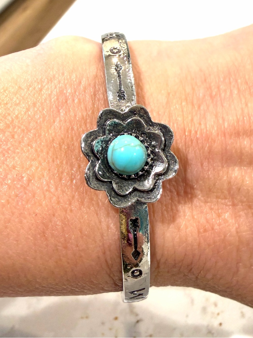 Silver Flower Cuff Bracelet with Turquoise Stone - Women Jewelry